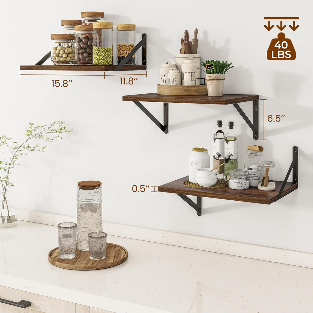 Heimlove 16W x 12D Deep Floating Shelves Set of 3 Walnut