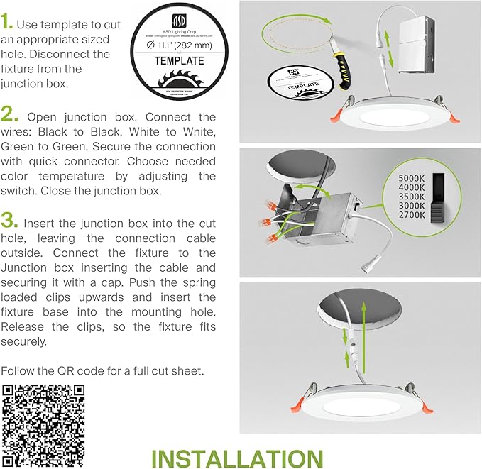 ASD 4 Pack 11/12 Inch LED Recessed Lighting 24W, 5 CCT 2700K-5000K CRI90+