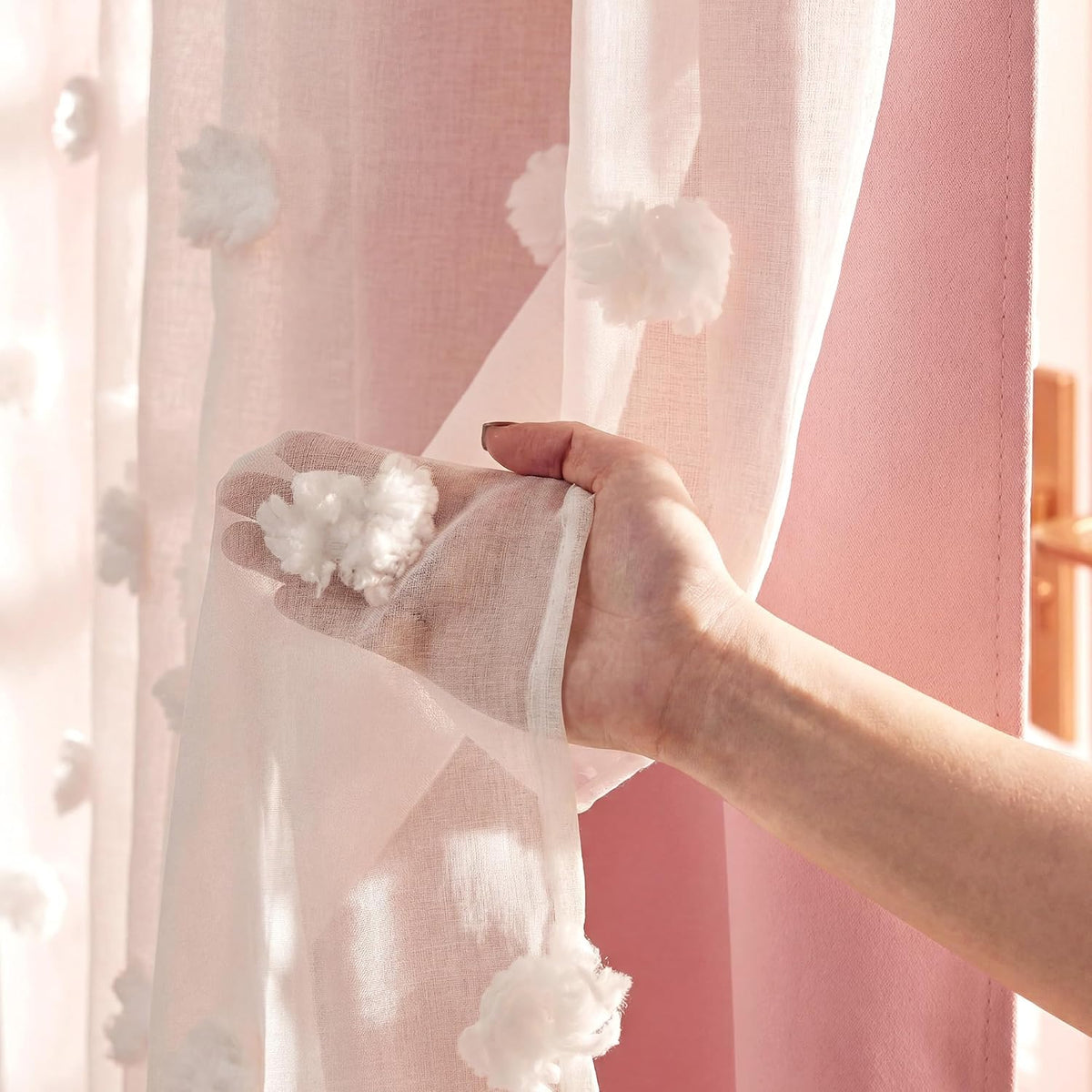 RYB HOME Pink Pom Pom Curtains for Girls Bedroom Nursery, Room Darkening | Double Layer, Thermal Insulated, For Girls Kids Bedroom Nursery, With 2 Bow Tie Backs, Shabby Chic, W52 x L84,2 Panels