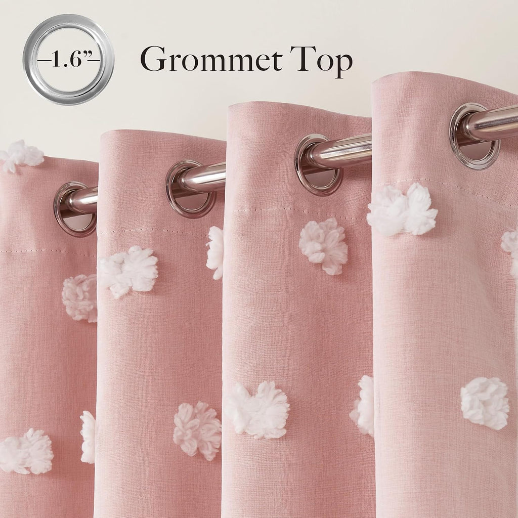 RYB HOME Pink Pom Pom Curtains for Girls Bedroom Nursery, Room Darkening | Double Layer, Thermal Insulated, For Girls Kids Bedroom Nursery, With 2 Bow Tie Backs, Shabby Chic, W52 x L84,2 Panels