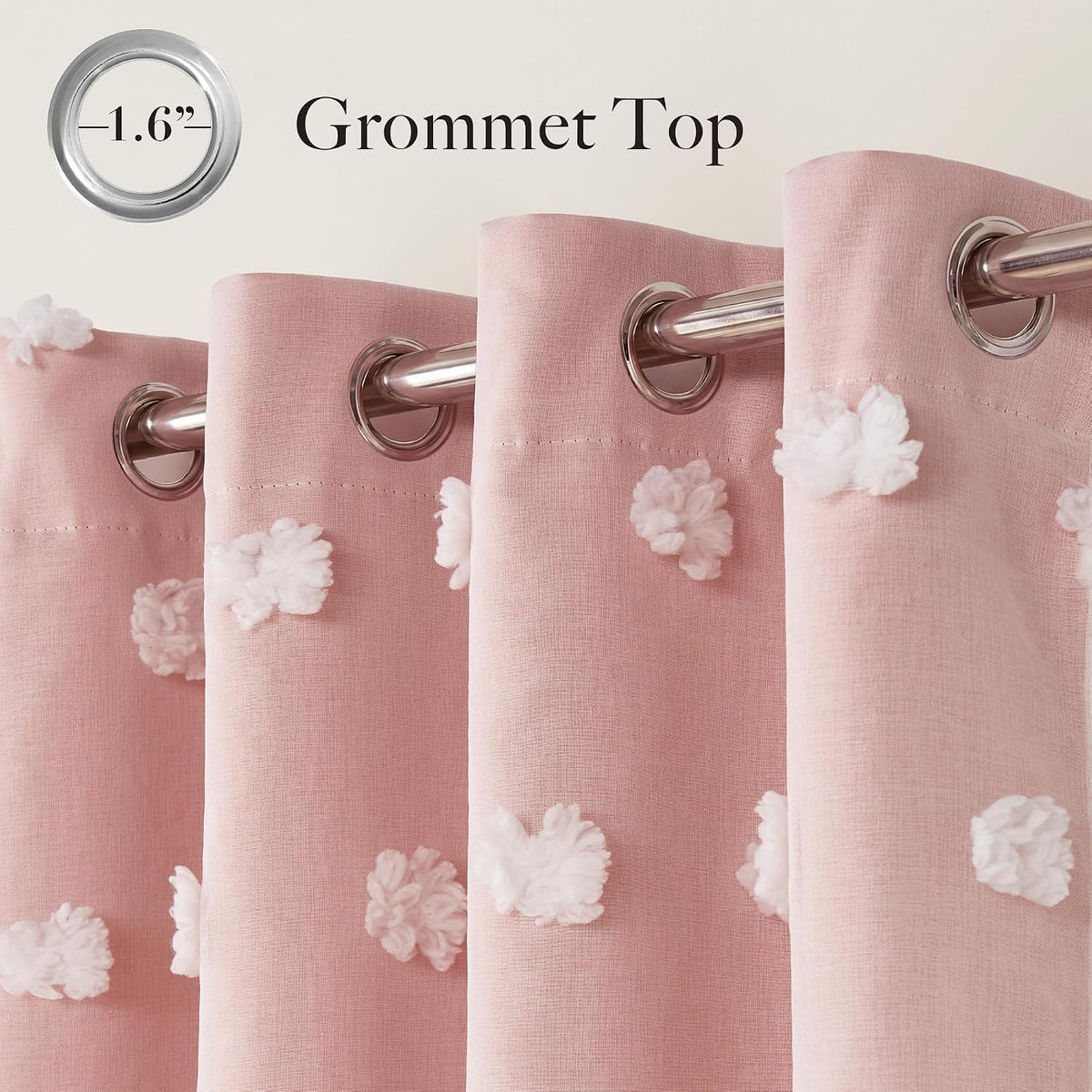 RYB HOME Pink Pom Pom Curtains for Girls Bedroom Nursery, Room Darkening | Double Layer, Thermal Insulated, For Girls Kids Bedroom Nursery, With 2 Bow Tie Backs, Shabby Chic, W52 x L84,2 Panels