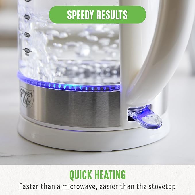 GreenLife 1.7 Liter Glass Electric Kettle, Easy One Touch Use, Quick Heating
