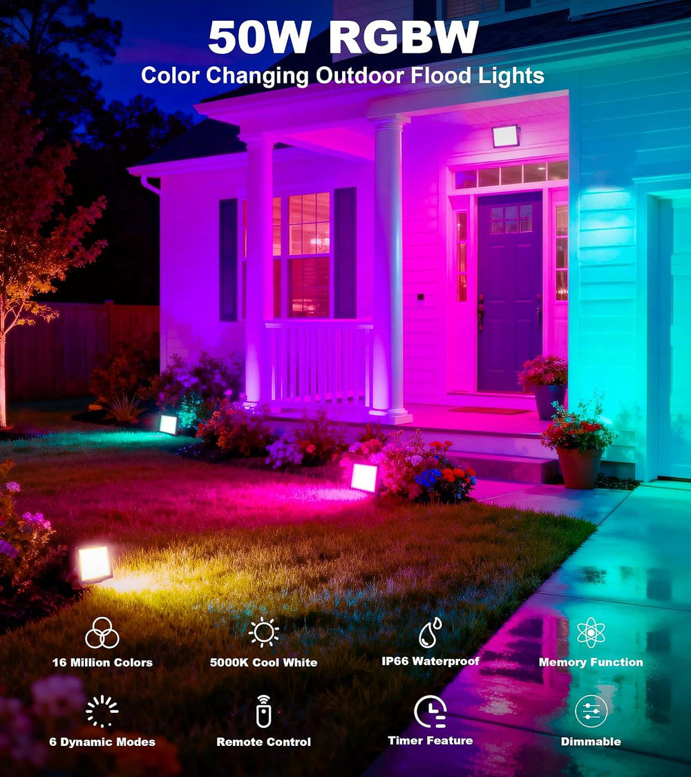 TigQiang 4 Pack 50W RGB Flood Light, IP66 RGB floodlight for Halloween