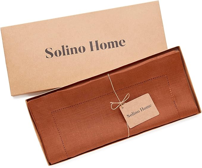 Solino Home Linen Table Runner 108 Inches Long - 100% Pure Linen Cinnamon Table Runner 14 x 108 Inch for Fall, Autumn, Halloween, Thanksgiving - Classic Hemstitch