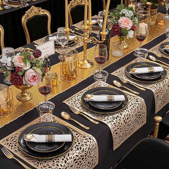 KIRE 175Pcs Black Plates Disposable - Heavy Duty Black and Gold Plastic Plates- 25 for Dinner 25 for Dessert 25 Pre Rolled Gold Silverware and 25 Cups for Birthday Party/Halloween/New Year