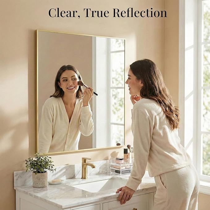 30"x30" Gold Square Mirror for Wall, Metal Framed Bathroom Vanity Mirror