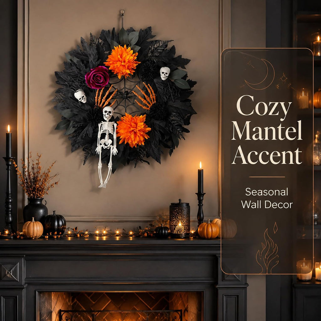 24in Halloween Wreath for Front Door, Black Pumpkin Skull Gothic Door Decor