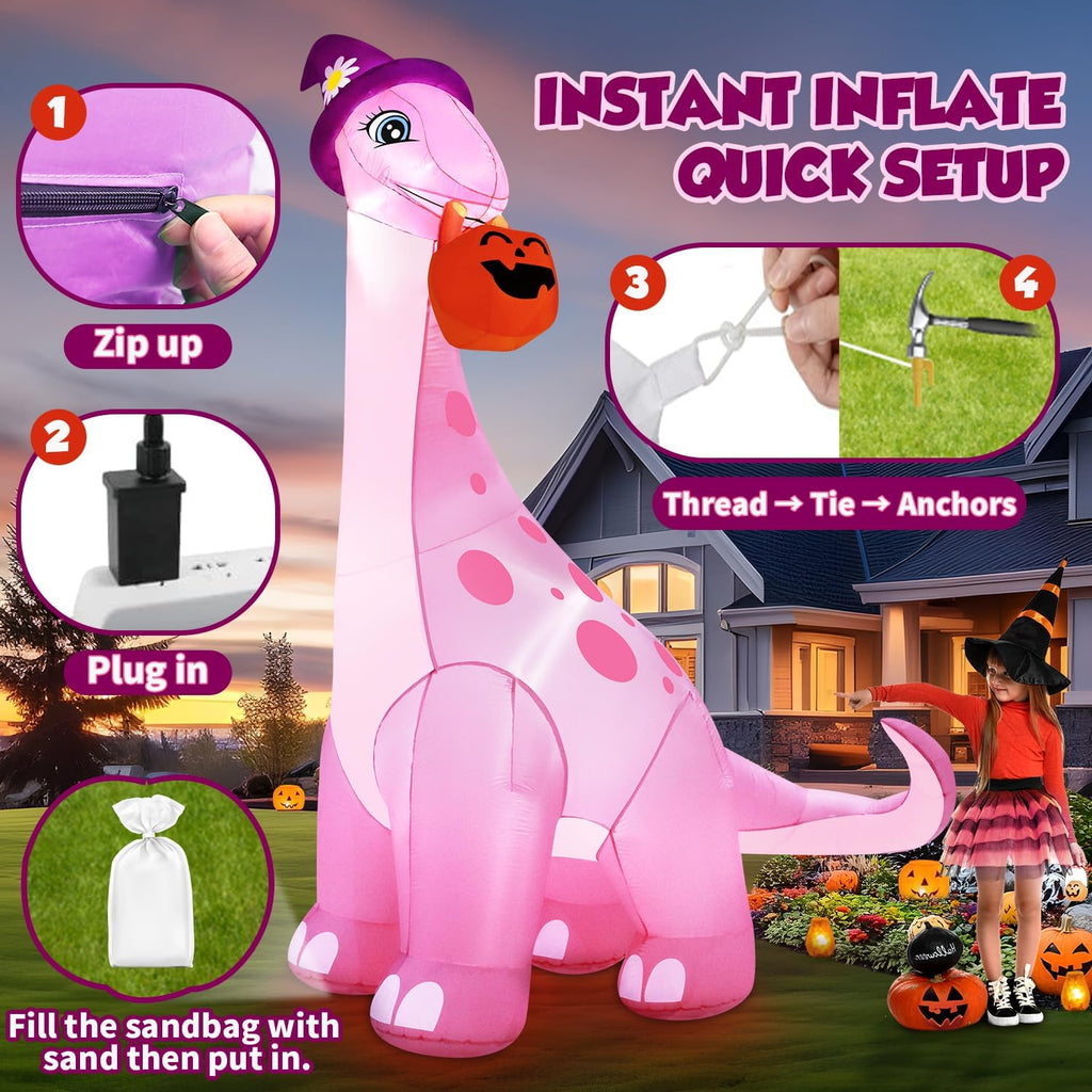 zukakii 13FT Giant Halloween Inflatables Decorations Outdoor Pink Dinosaur, Huge Halloween Blow Up Yard Decorations Dino with Large Pumpkin Witch Hat Build-in LED Light Strong Blower for Party Lawn
