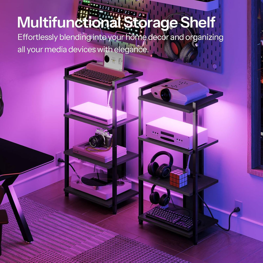 HOOBRO Game Console Shelf, 4-Tier Video Gaming Consoles Stand with Outlet & RGB Light, Audio Rack Tower for Turntable, Stereo Equipment, Wooden Entertainment Storage Stand, Black BB38UDCJ01