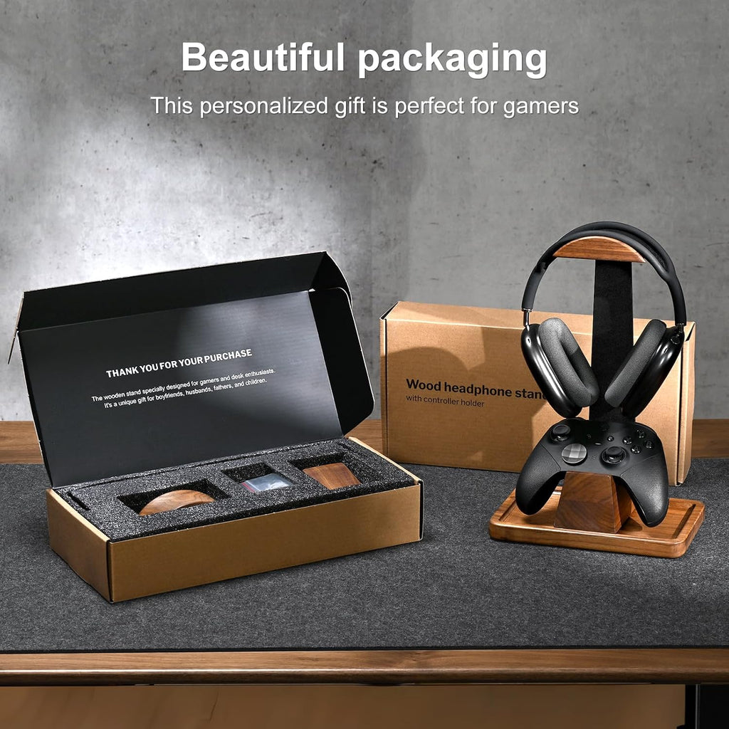 upergo walnut headphone stand with controller holder &, front angle view