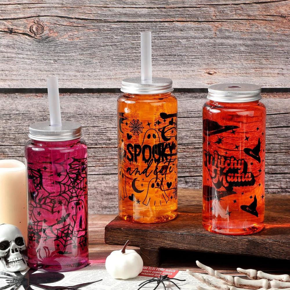 Meanplan 24 Pcs Halloween Ghost Plastic Cup with Lids and Straws Bulk 14 oz
