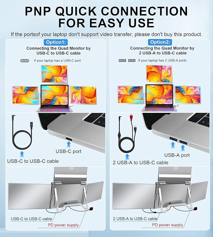 FOPO 16" Laptop Screen Extender Monitor Portable, Quad Monitor, Just 1 Cable