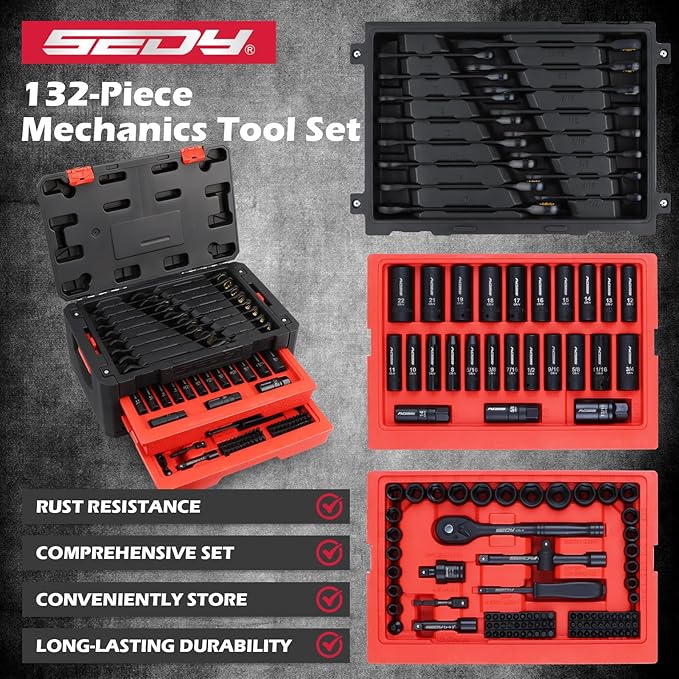 Premium 132-Piece Mechanics Tool Set, SAE/Metric 1/4" & 3/8" Drive Socket Set