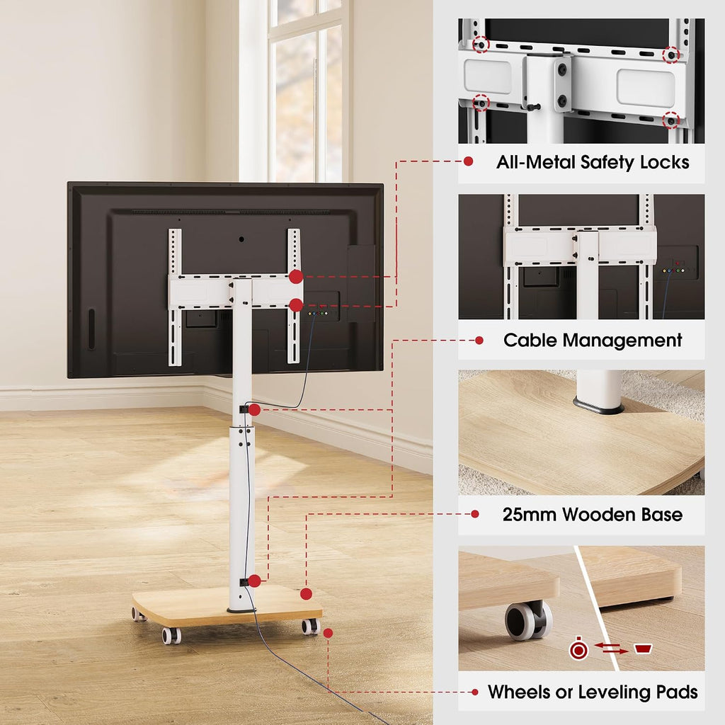 AOKCOS Rolling TV Stand for 32-65 Inch TVs, Portable Mobile TV Stand on Wheels, 8-Level Height Adjustable TV Cart with Swivel & Tilt Mount for Bedroom/Living Room/Office/Corner