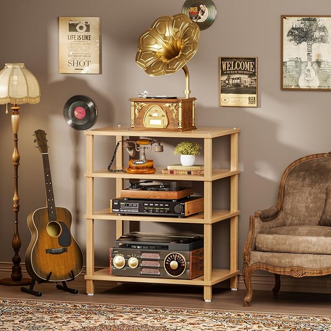 LELELINKY 4-Tier AV Media Player Stand Set of 2, Natural Stereo Cabinet