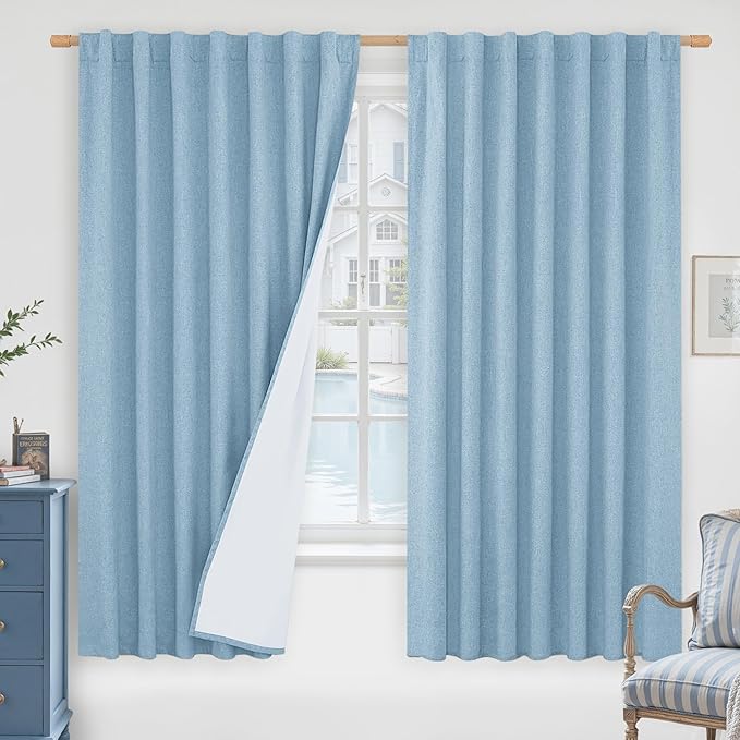 LAMIT 100% Blackout Linen Curtains 63 Inches Long, Linen Textured Living Room