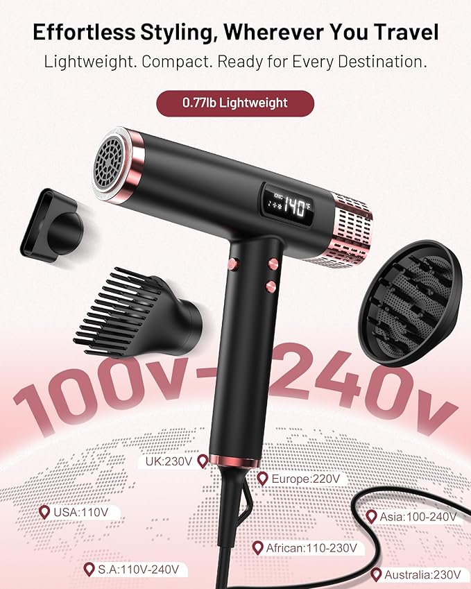 MESCOMB Travel Hair Dryer with Diffuser, 1875W Dual Voltage Ionic