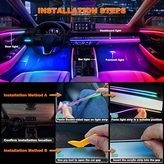 Jushope Interior Car LED Strip Lights, Acrylic LED Lights