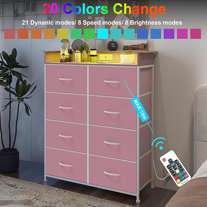 Pink Dresser for Bedroom with Charing Station Dressers with LED Lights Tall