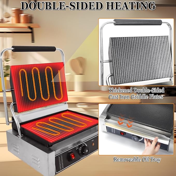 CTJ Commercial Panini Press Stainless Steel Electric Sandwich Maker - 2200W