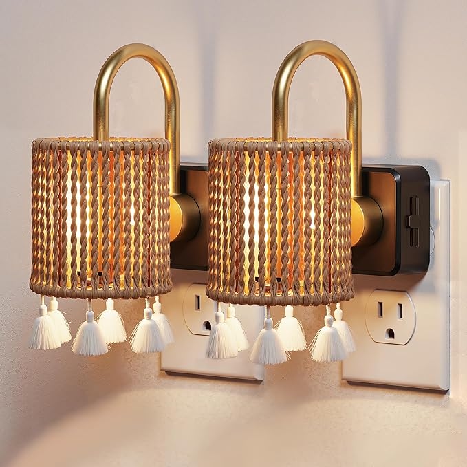 L LOHAS LED Night Lights Plug into Wall, 2 Pack Boho Fabric Cylinder Night Light