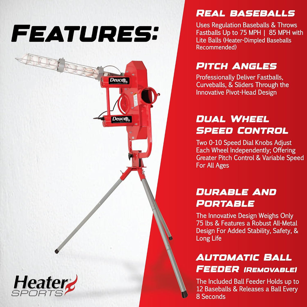 Heater Sports Deuce 75 MPH Adjustable Baseball Pitching Machine with Automatic Ball Feeder - Delivers Fastballs & Curveballs, Suitable for All Ages | Compatible with Pitching Machine & Real Baseballs