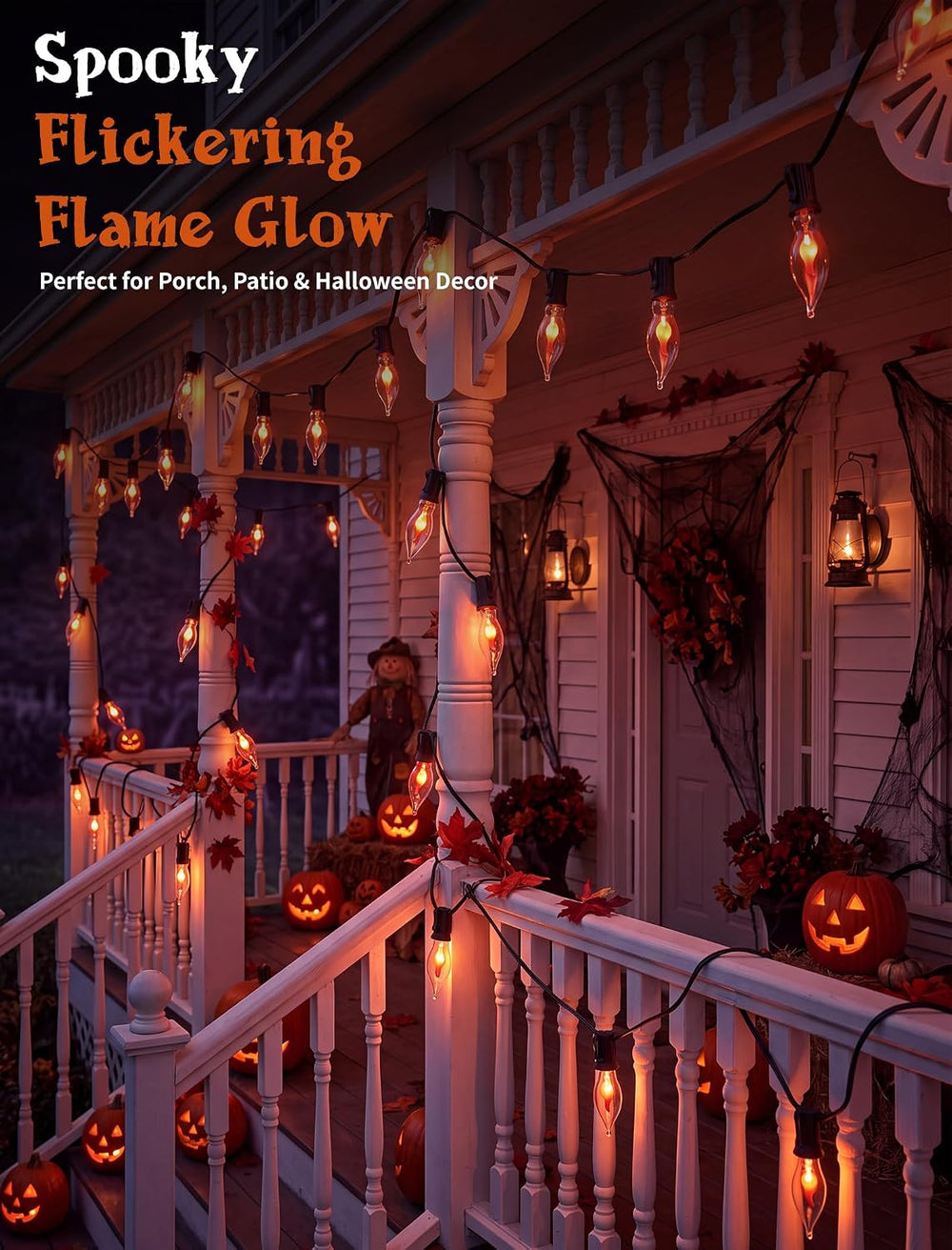 25Ft C18 Flickering Flame String Lights, Outdoor Halloween Decorations