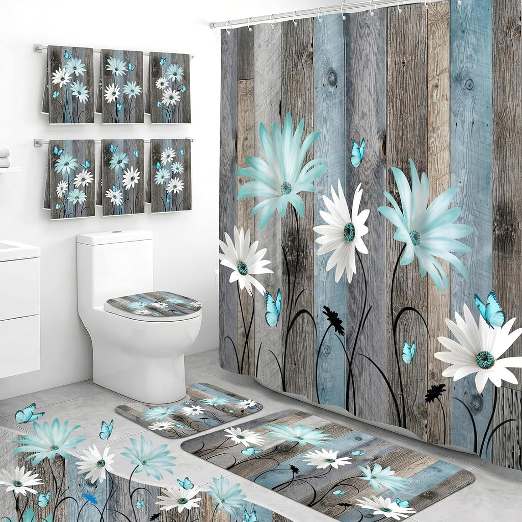 Britimes Bathroom Sets with Shower Curtain and Rugs Set of 10 Teal Wooden