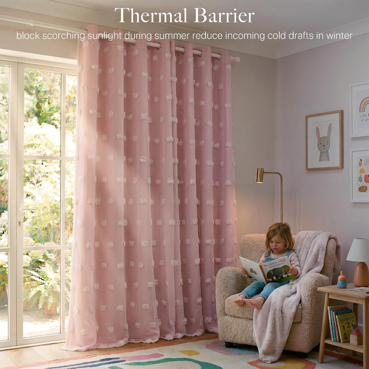 RYB HOME Pink Pom Pom Curtains for Girls Bedroom Nursery, Room Darkening | Double Layer, Thermal Insulated, For Girls Kids Bedroom Nursery, With 2 Bow Tie Backs, Shabby Chic, W52 x L84,2 Panels