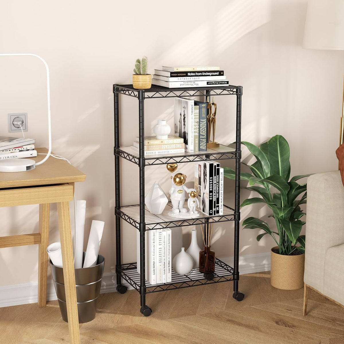 SINGAYE 4 Shelves Storage Shelf Wire Shelving Unit Metal Adjustable Wheels