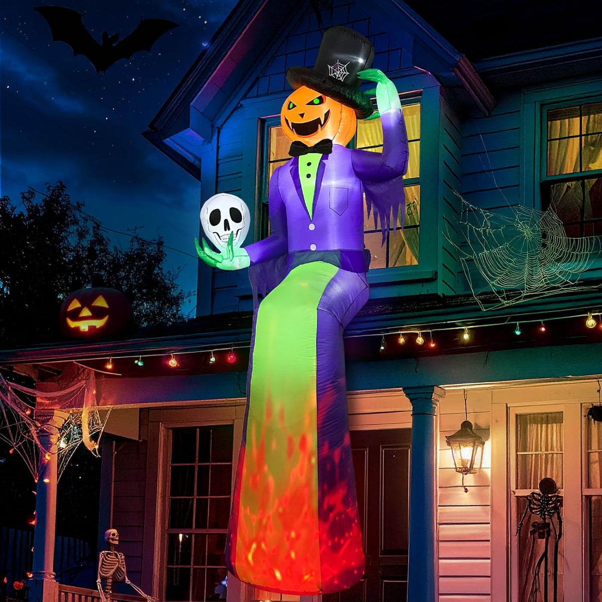 10FT Sitting Halloween Inflatable Pumpkin with Flame Light for Roof Decor