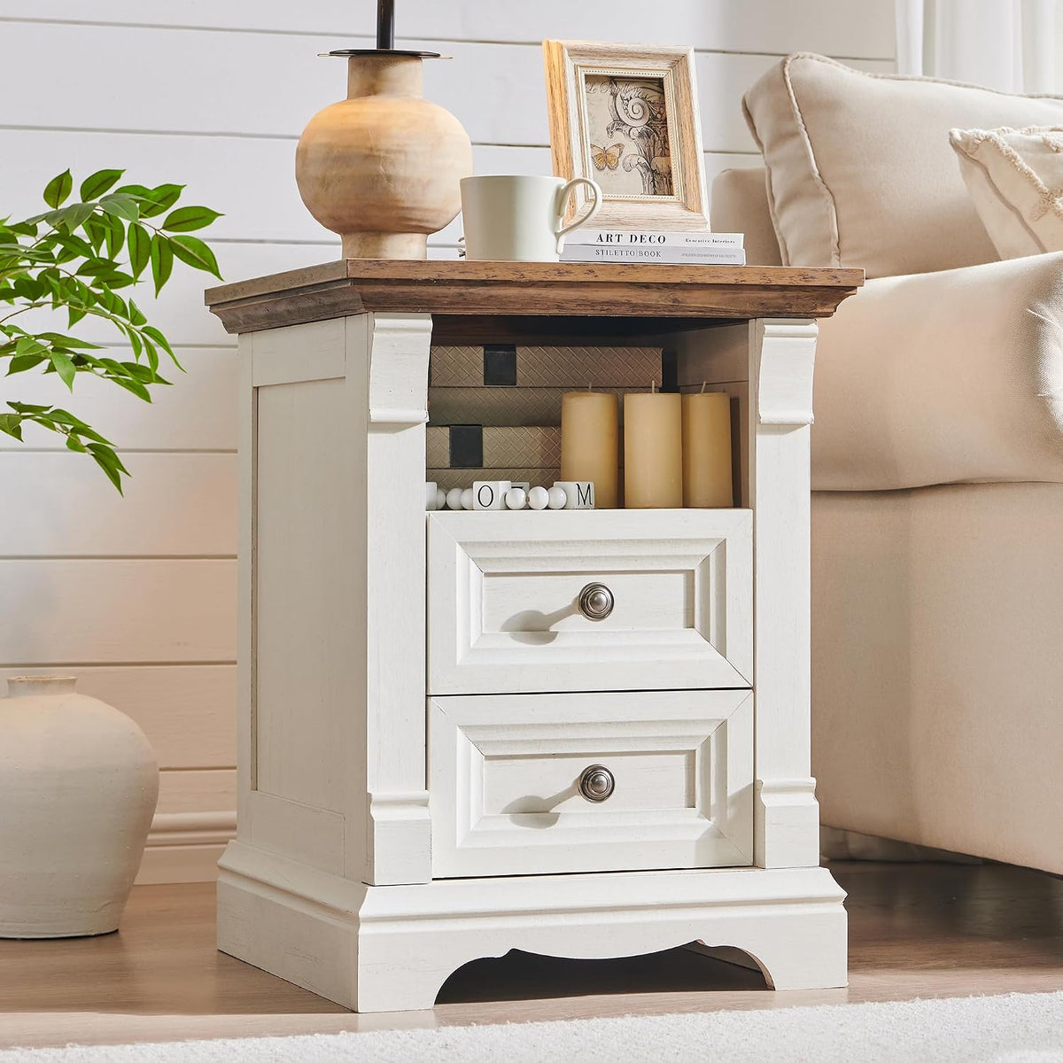 Farmhouse Nightstand with Charging Station 18"Wood End Table w/Roman Column