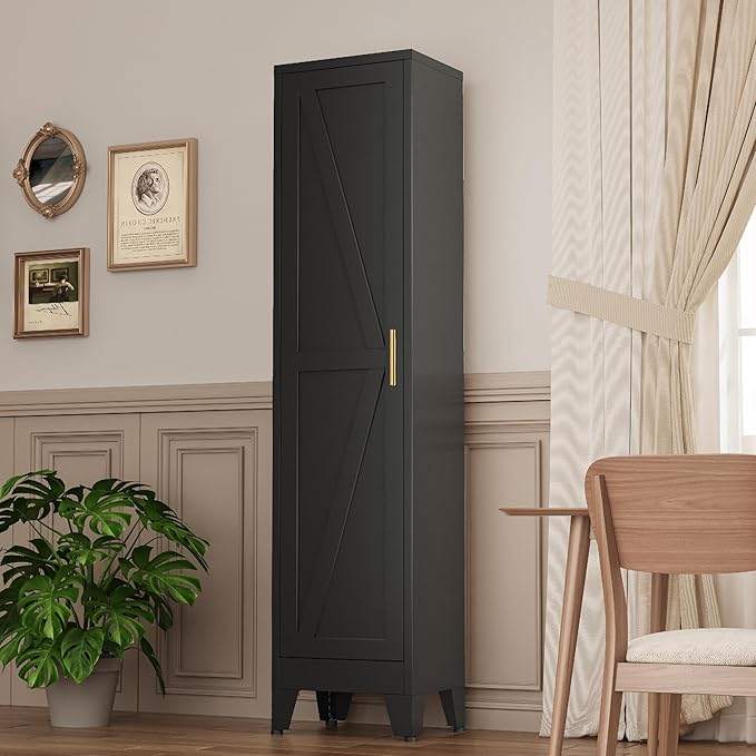 Narrow Metal Cabinet with 4 Adjustable Shelves and Barn Doors, Tall Bathroom