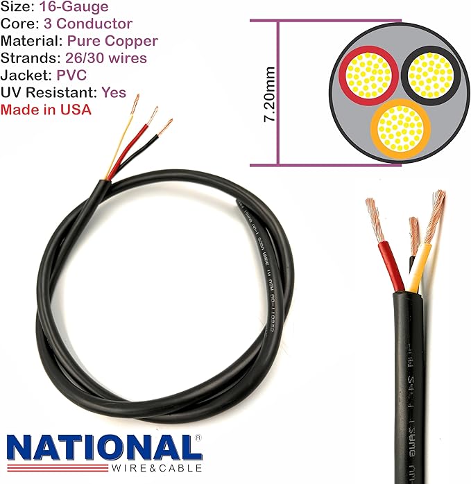 NATIONAL Wire & Cable – 16 AWG 3-Conductor Premium Copper Wire, 50 ft, Stranded
