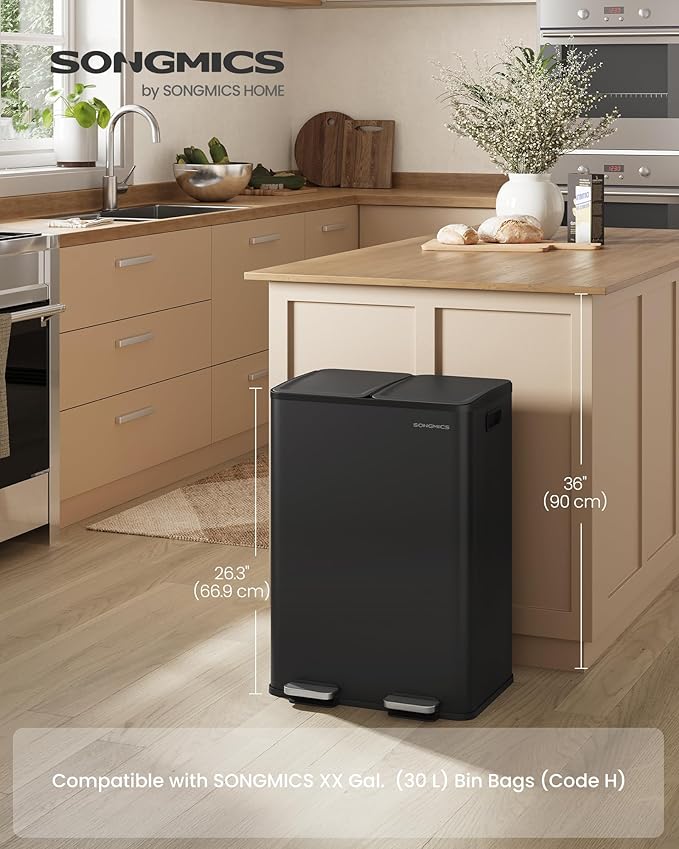 SONGMICS Trash Can, 2 x 8 Gallon Dual-Compartment Garbage Can