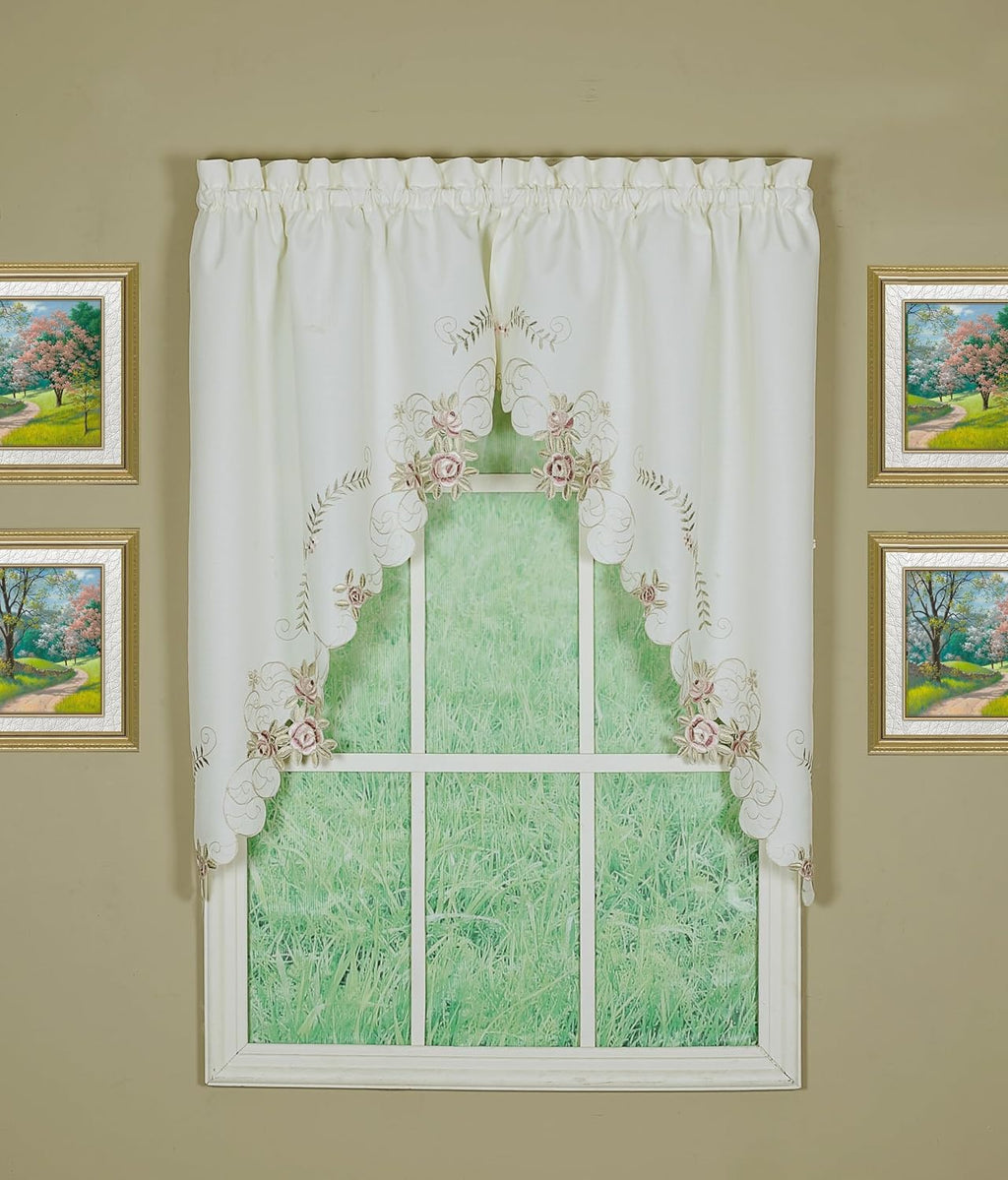Today's Curtain Verona Reverse Embroidery Swag, 38", Ecru/Rose, 60"W X 38"L