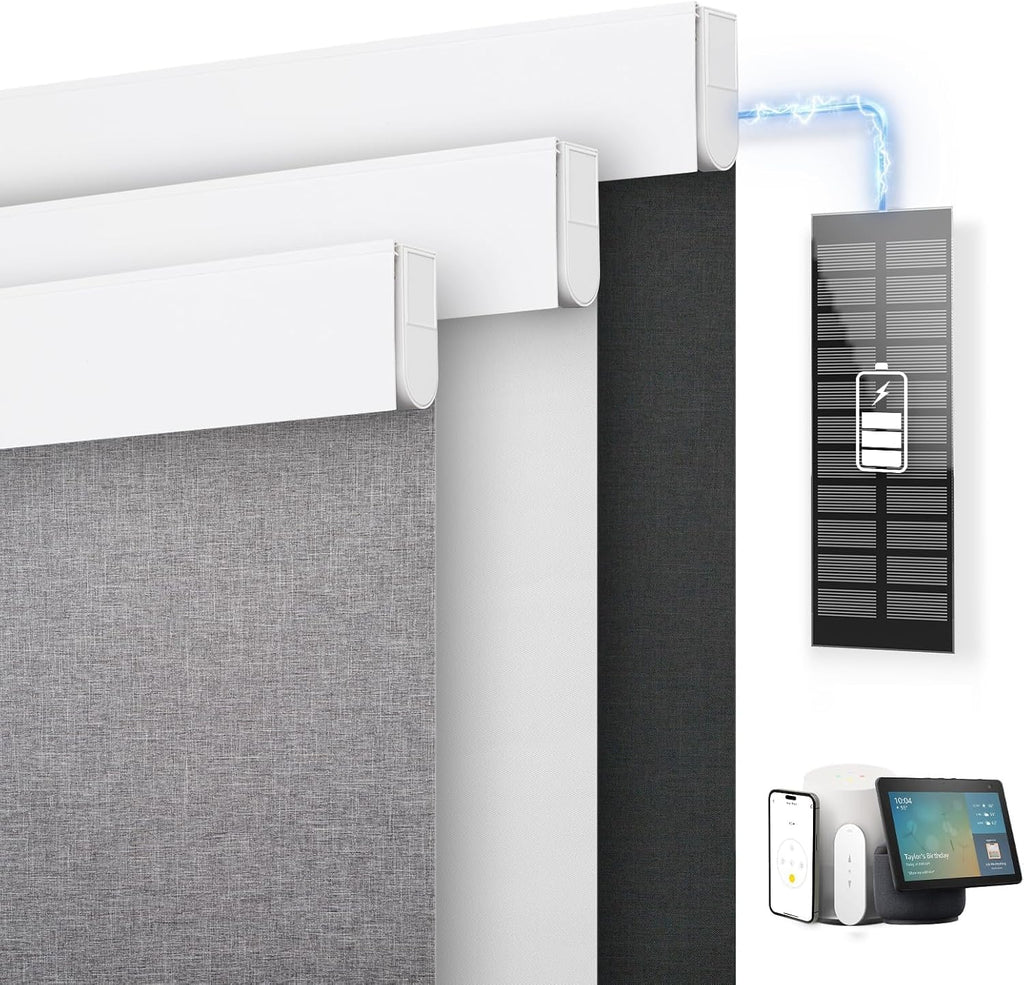 denfoon motorized blinds with remote control, custom blackout shown in use