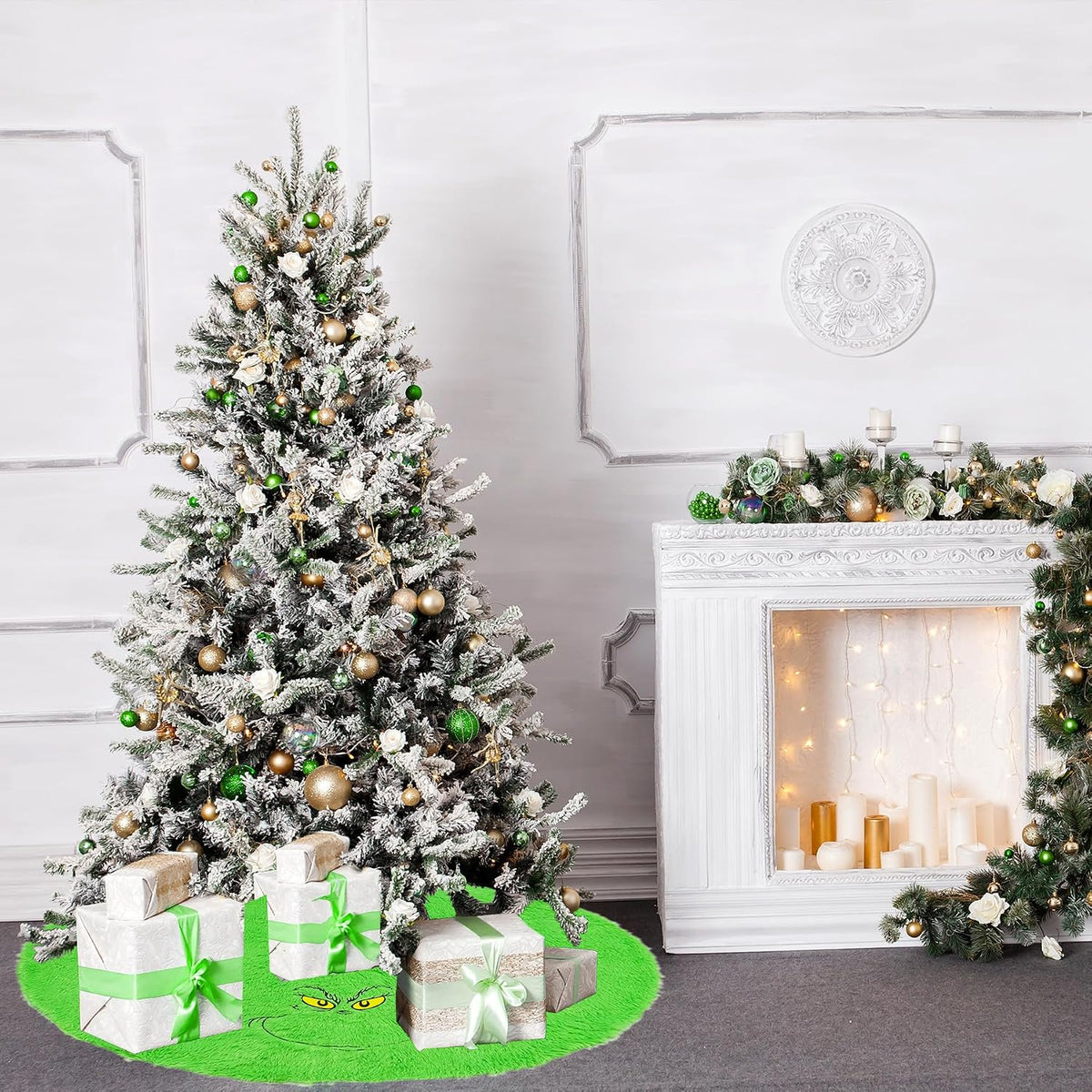 48 inch Green Christmas Tree Skirt, Plush Faux Fur Xmas Tree Skirt | Whimsical Funny Velvet Farmhouse Tree Skirt Decorations for 6-7 ft Tree Halloween Xmas Holiday Party