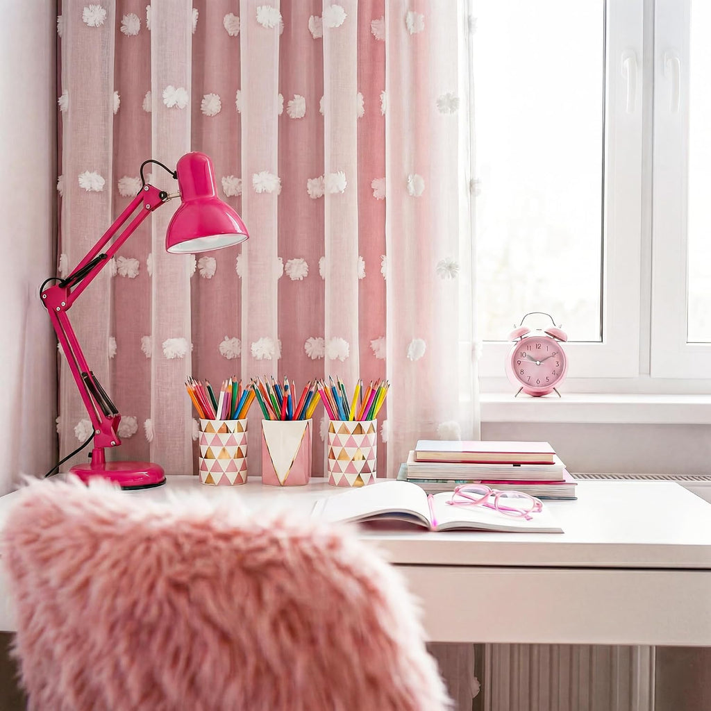 RYB HOME Pink Pom Pom Curtains for Girls Bedroom Nursery, Room Darkening | Double Layer, Thermal Insulated, For Girls Kids Bedroom Nursery, With 2 Bow Tie Backs, Shabby Chic, W52 x L84,2 Panels