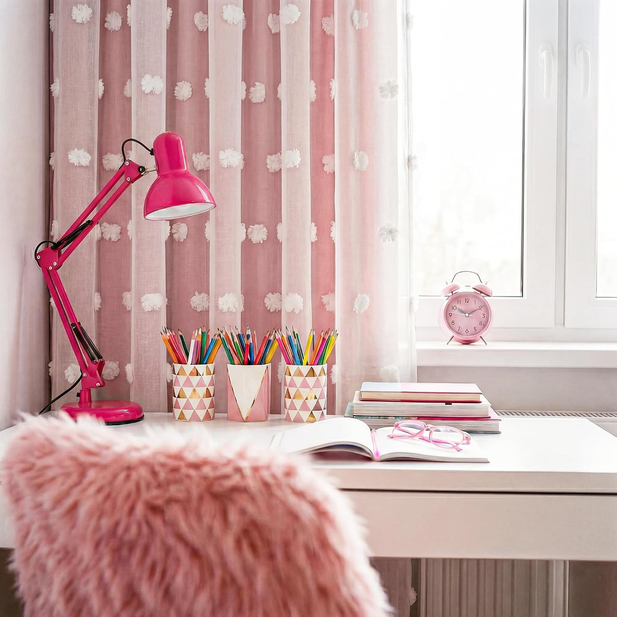 RYB HOME Pink Pom Pom Curtains for Girls Bedroom Nursery, Room Darkening | Double Layer, Thermal Insulated, For Girls Kids Bedroom Nursery, With 2 Bow Tie Backs, Shabby Chic, W52 x L84,2 Panels