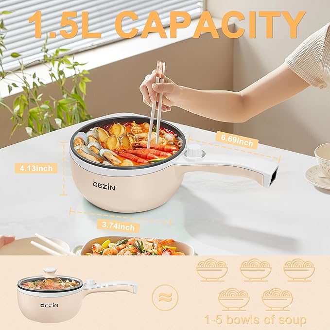 Dezin Hot Pot Electric Upgraded, Non-Stick Sauté Pan, Rapid Noodles Electric Pot
