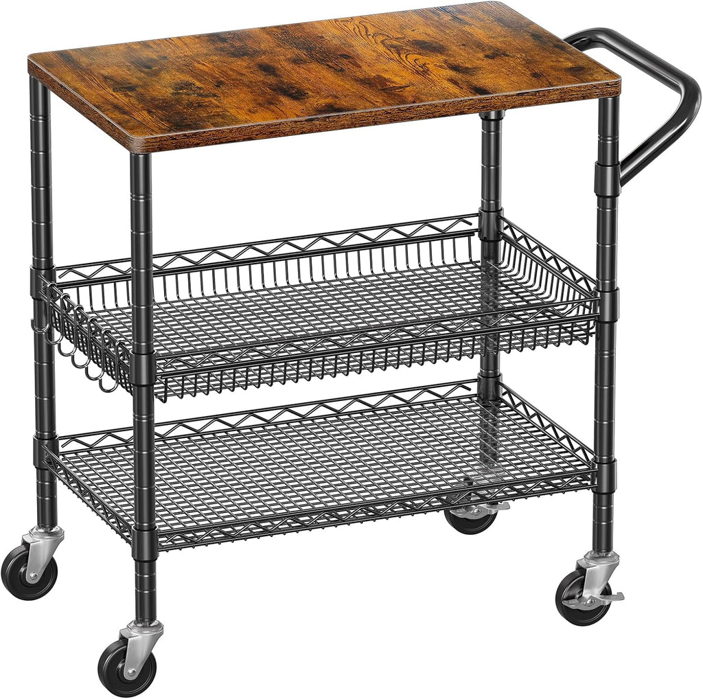 WDT 3 Tier Rolling Carts with Wheels, Heavy Duty Rolling Utility Cart with Wood Tabletop, Commercial Grade Metal Cart with Handle and Hooks, NSF Storage Serving Carts for Kitchen Island, Wood+Metal