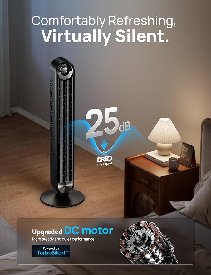 Dreo Tower Fan for Bedroom, Upgraded DC 9 Speeds 25dB Ultra-Quiet Floor Fan