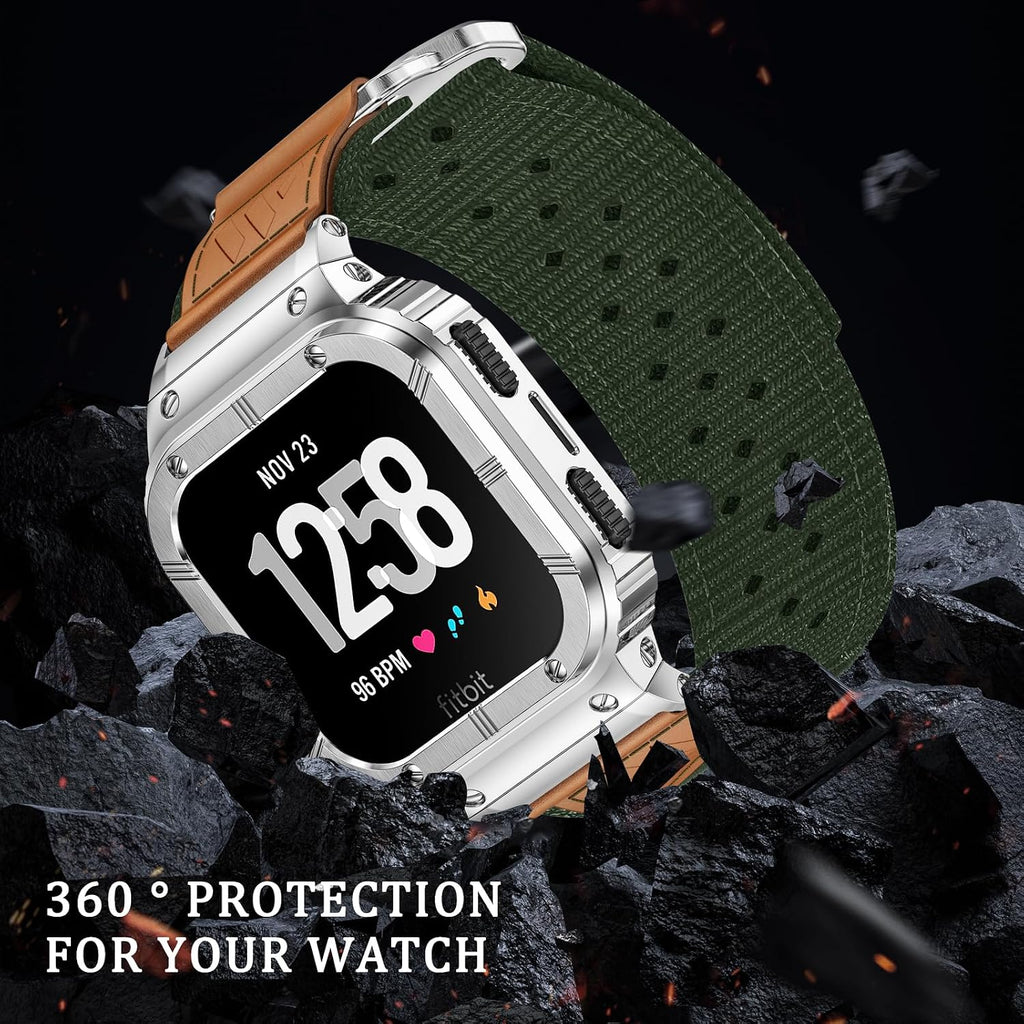 MioHHR Nylon Bands with Stainless Steel Case for Fitbit Versa 4 3 2 1 Lite