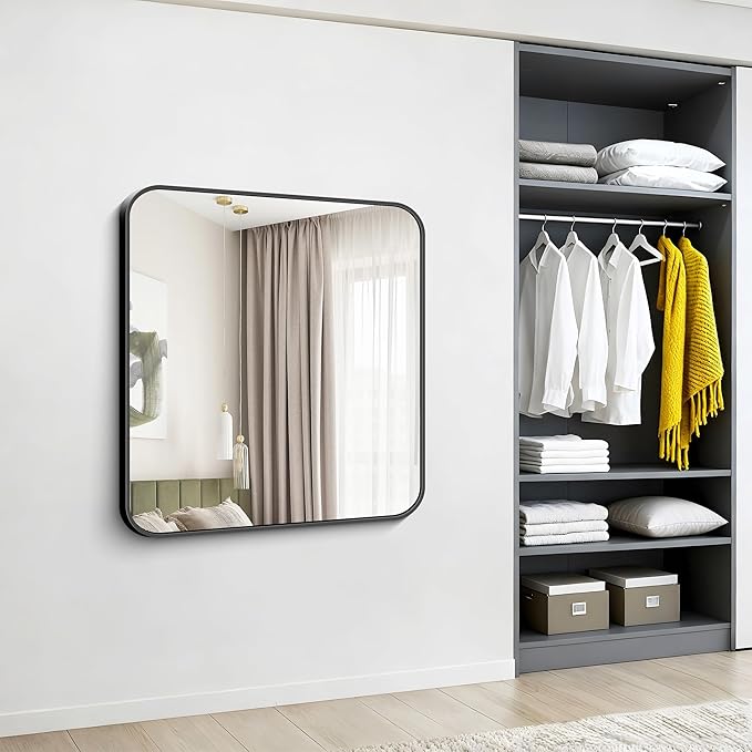 Black Bathroom Mirror, 38x40 inch Aluminum Metal Frame Rectangular Vanity Mirror