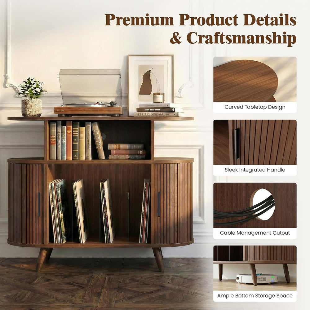 35" Record Player Stand with Storage, Media Stereo Shelf Charging, Walnut