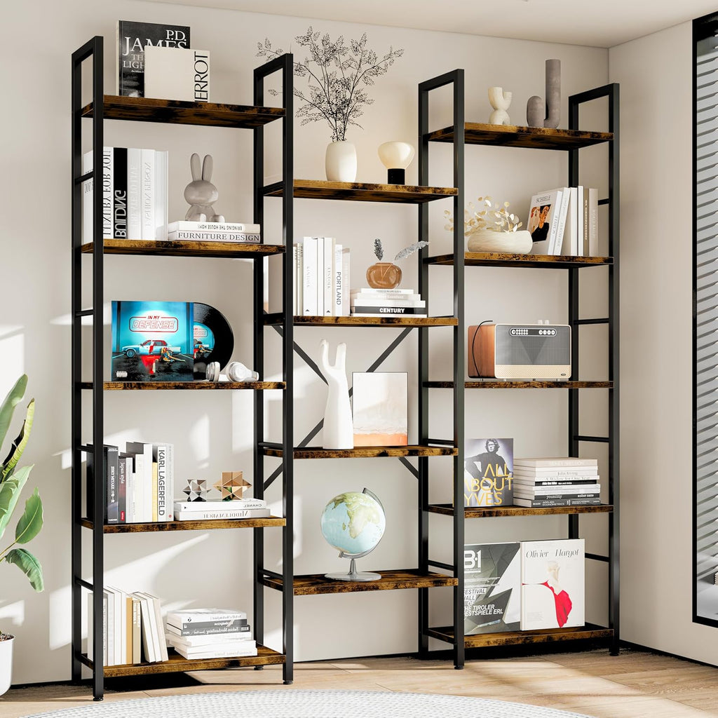 Shintenchi Triple 5 Tier Bookshelf, Large Wide Bookcase, Display Shelf