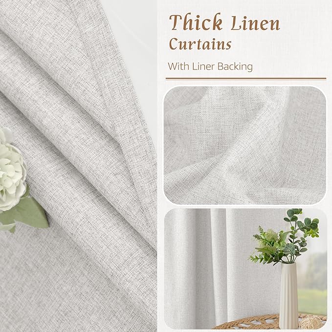 LAMIT Short Window Linen Curtains 48 Inch Length 2 Panels, 100% Blackout Linen