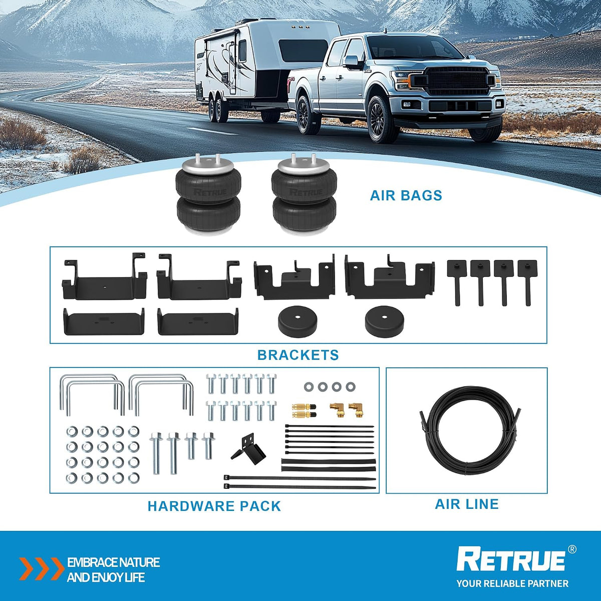 retrue rear air bags suspension kit for 2009-2014, front angle view
