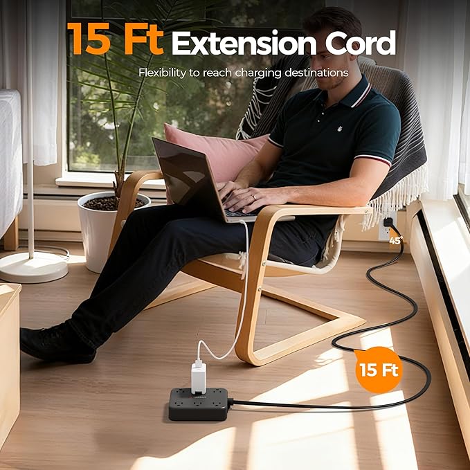 TESSAN Flat Plug Extension Cord 15 Ft, 2100J Surge Protector Power Strip
